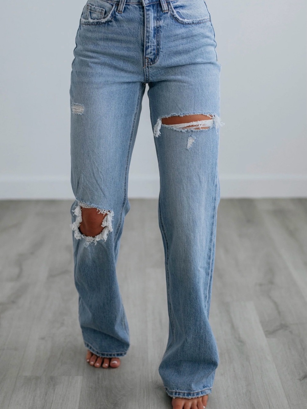 Light Wash Distressed High-Rise Wide Leg Jeans